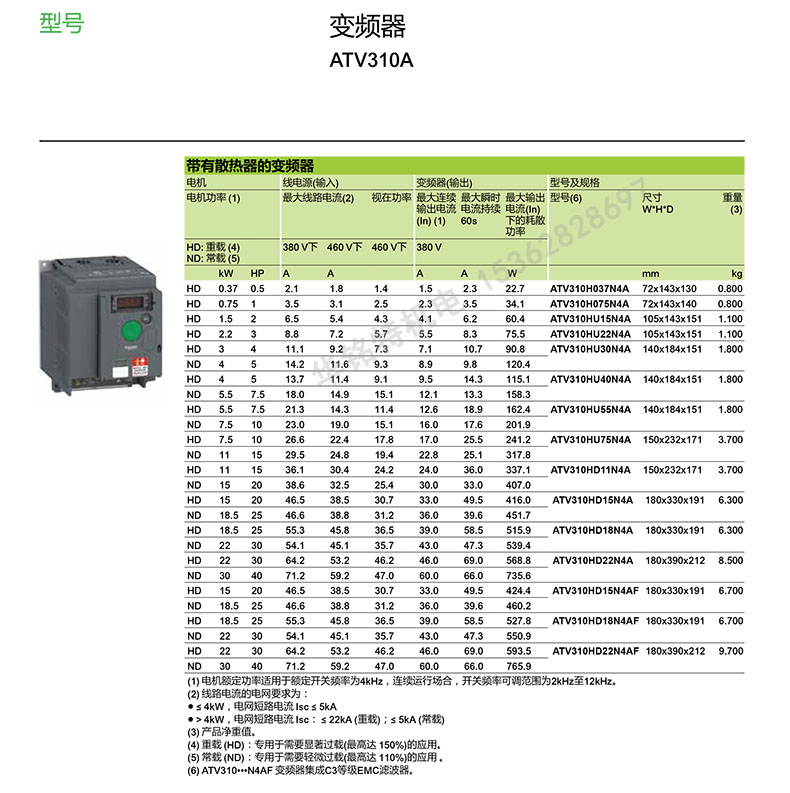 Schneider電氣ATV310變頻器ATV310HU40N4A-三相4kW選型表