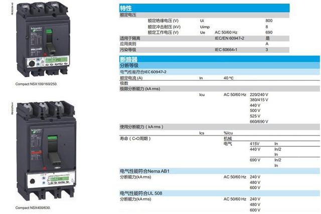 施耐德Compact NSX配電保護塑殼斷路器參數(shù)表