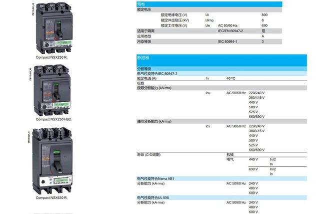 施耐德Compact NSX配電保護漏電塑殼斷路器參數(shù)表